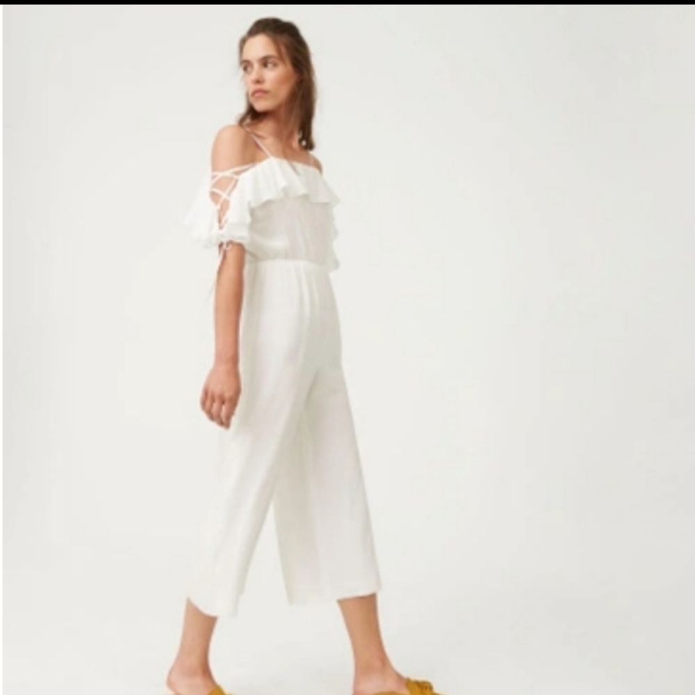 Club Monaco Kymbrah jumpsuit wide leg ruffle lace up tank romper